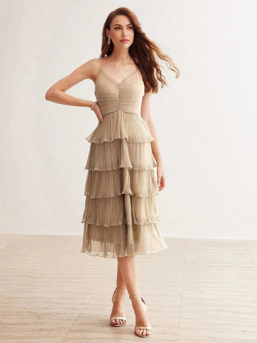 PREMIUM PLISSE LAYERED RUFFLE HEM SLIP DRESS