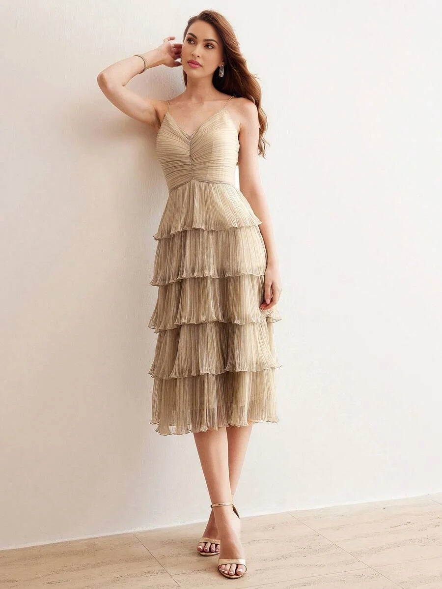 PREMIUM PLISSE LAYERED RUFFLE HEM SLIP DRESS