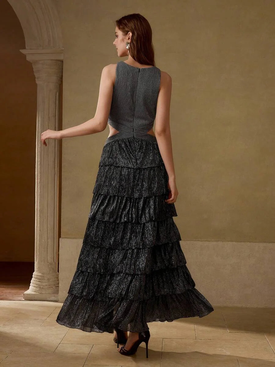 PREMIUM PLUNGING NECK CUTOUT WAIST LAYERED RUFFLE HEM SPLIT THIGH MAXI DRESS