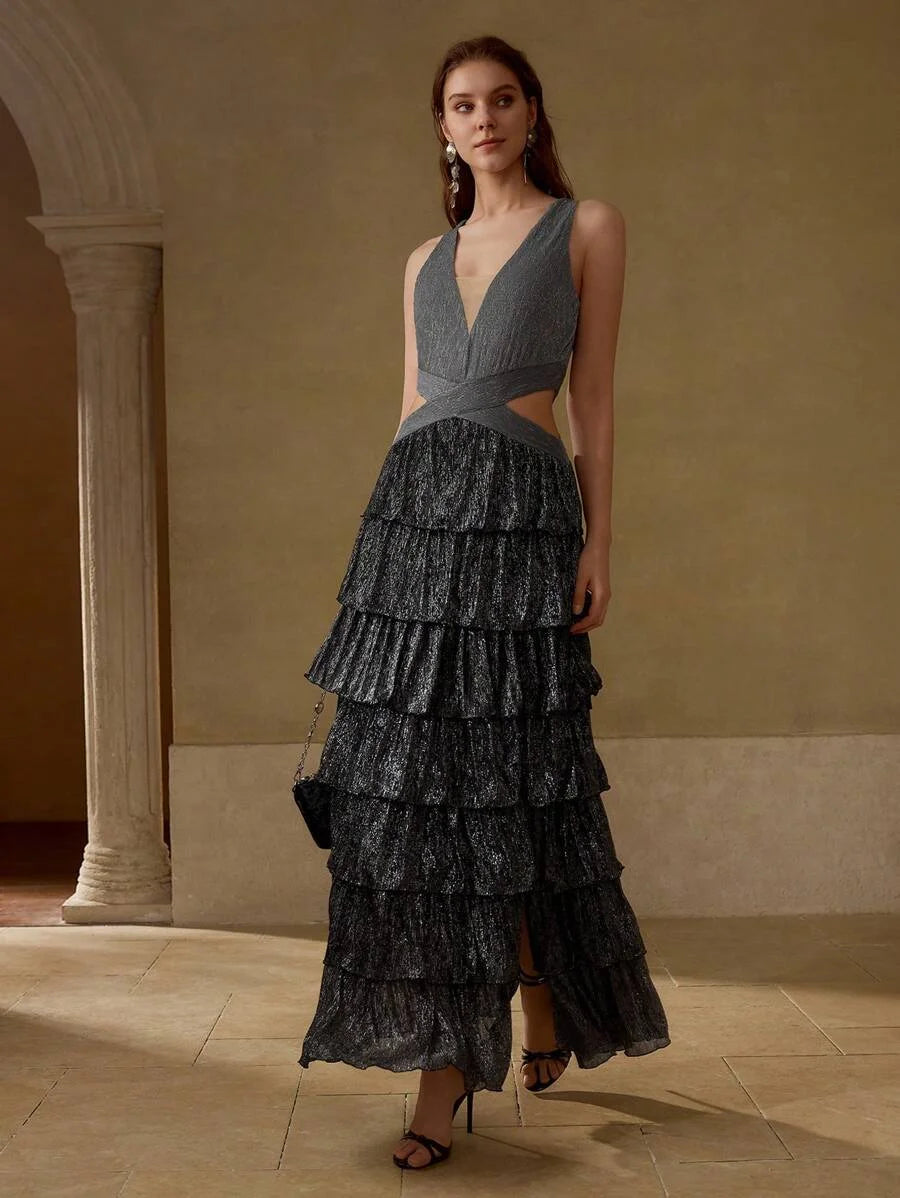 PREMIUM PLUNGING NECK CUTOUT WAIST LAYERED RUFFLE HEM SPLIT THIGH MAXI DRESS