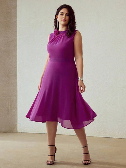 PREMIUM PLUS CHIFFON 3D FLORAL LIGHTWEIGHT SLEEVELESS DRESS