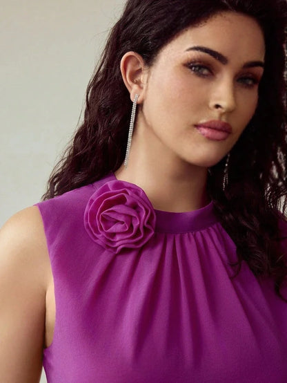 PREMIUM PLUS CHIFFON 3D FLORAL LIGHTWEIGHT SLEEVELESS DRESS