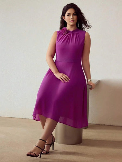 PREMIUM PLUS CHIFFON 3D FLORAL LIGHTWEIGHT SLEEVELESS DRESS