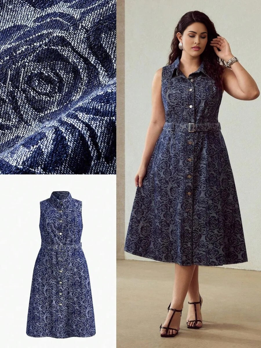 PREMIUM PLUS JACQUARD SLEEVELESS DENIM DRESS