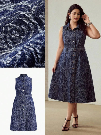 PREMIUM PLUS JACQUARD SLEEVELESS DENIM DRESS