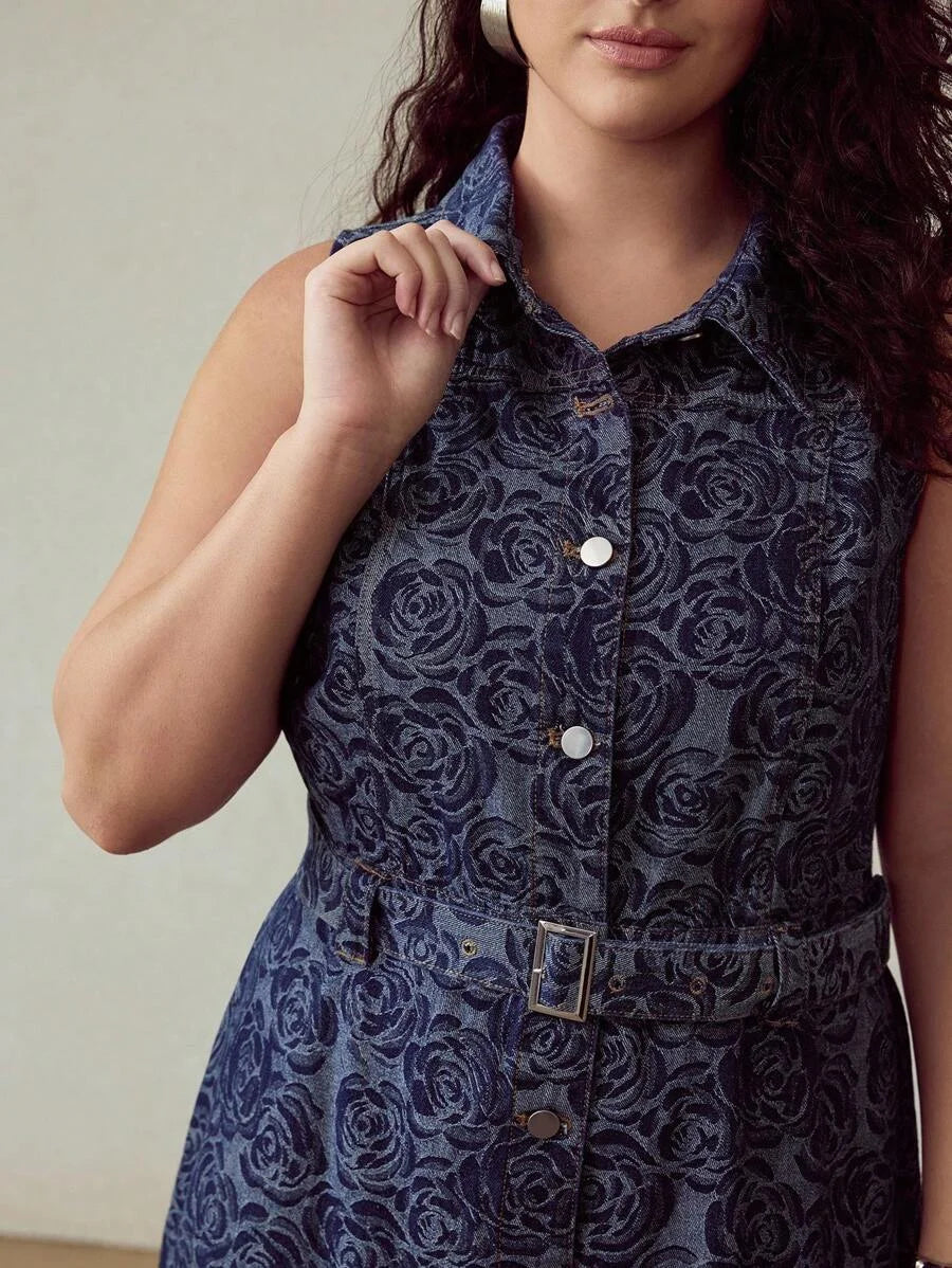 PREMIUM PLUS JACQUARD SLEEVELESS DENIM DRESS