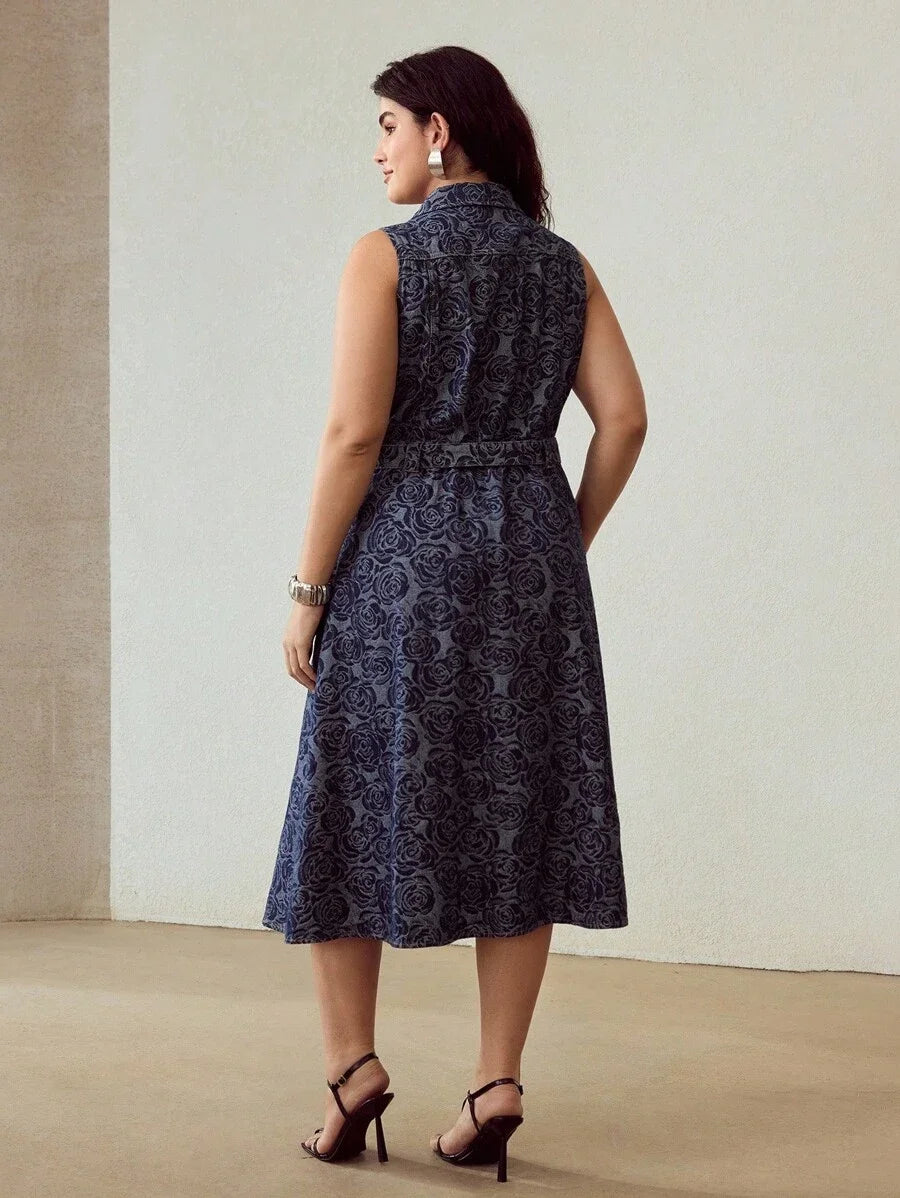 PREMIUM PLUS JACQUARD SLEEVELESS DENIM DRESS