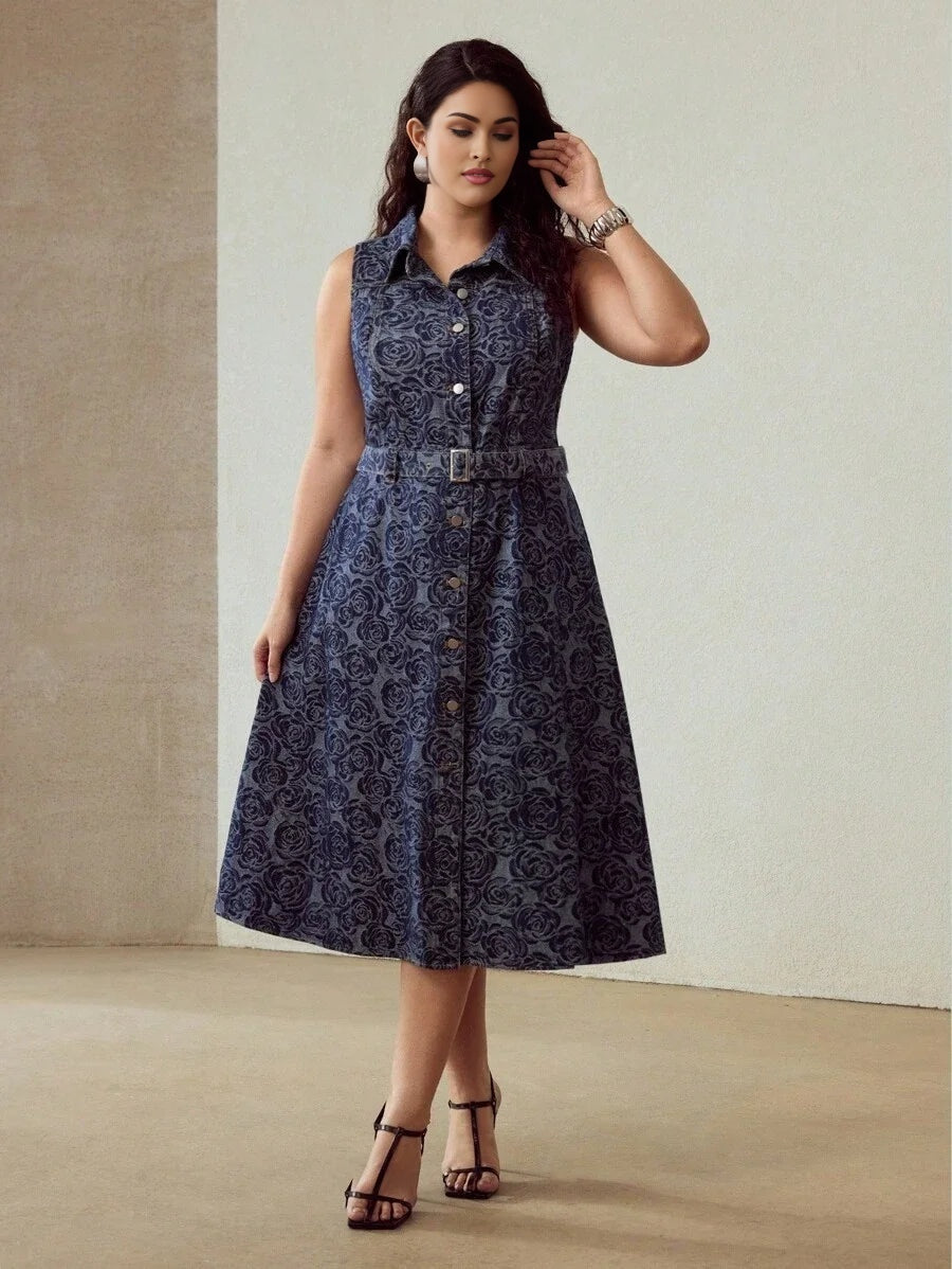 PREMIUM PLUS JACQUARD SLEEVELESS DENIM DRESS