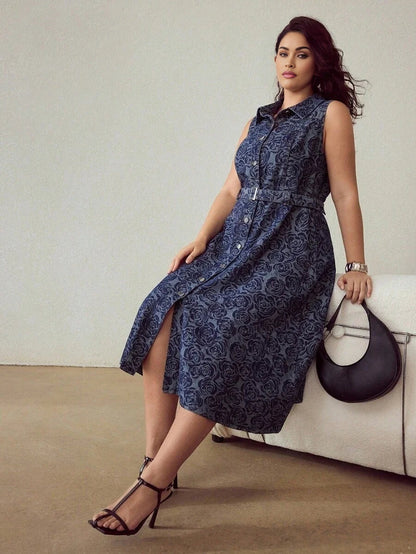 PREMIUM PLUS JACQUARD SLEEVELESS DENIM DRESS