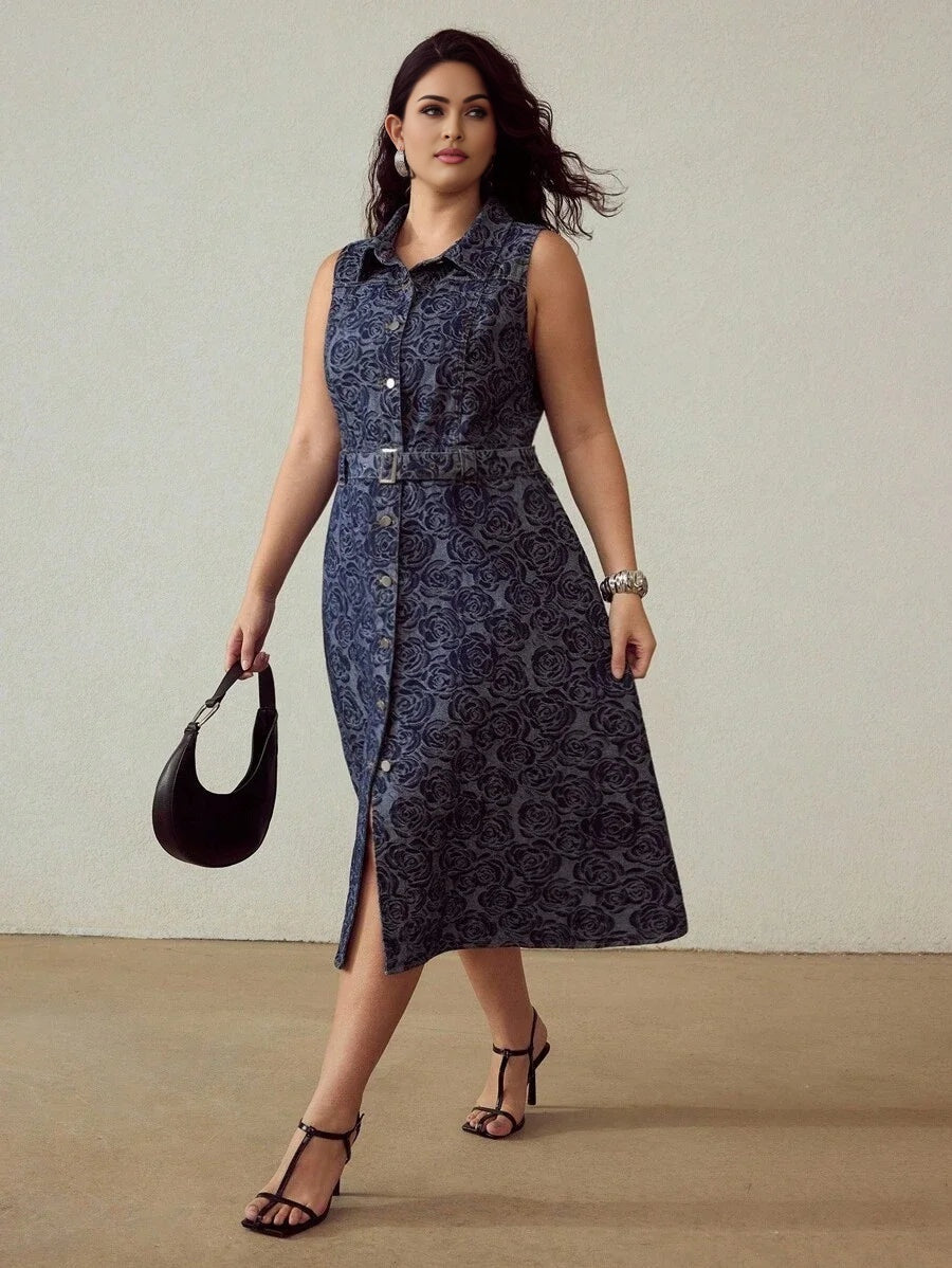 PREMIUM PLUS JACQUARD SLEEVELESS DENIM DRESS