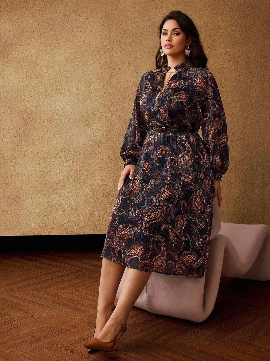 PREMIUM PLUS SIZE AUTUMNWINTER BOHEMIAN CHIC PAISLEY PRINT LONG SLEEVE DRESS
