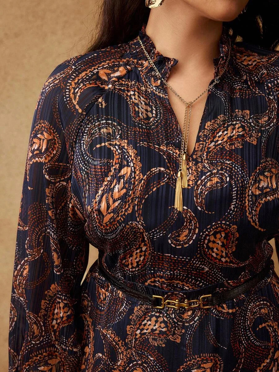 PREMIUM PLUS SIZE AUTUMNWINTER BOHEMIAN CHIC PAISLEY PRINT LONG SLEEVE DRESS