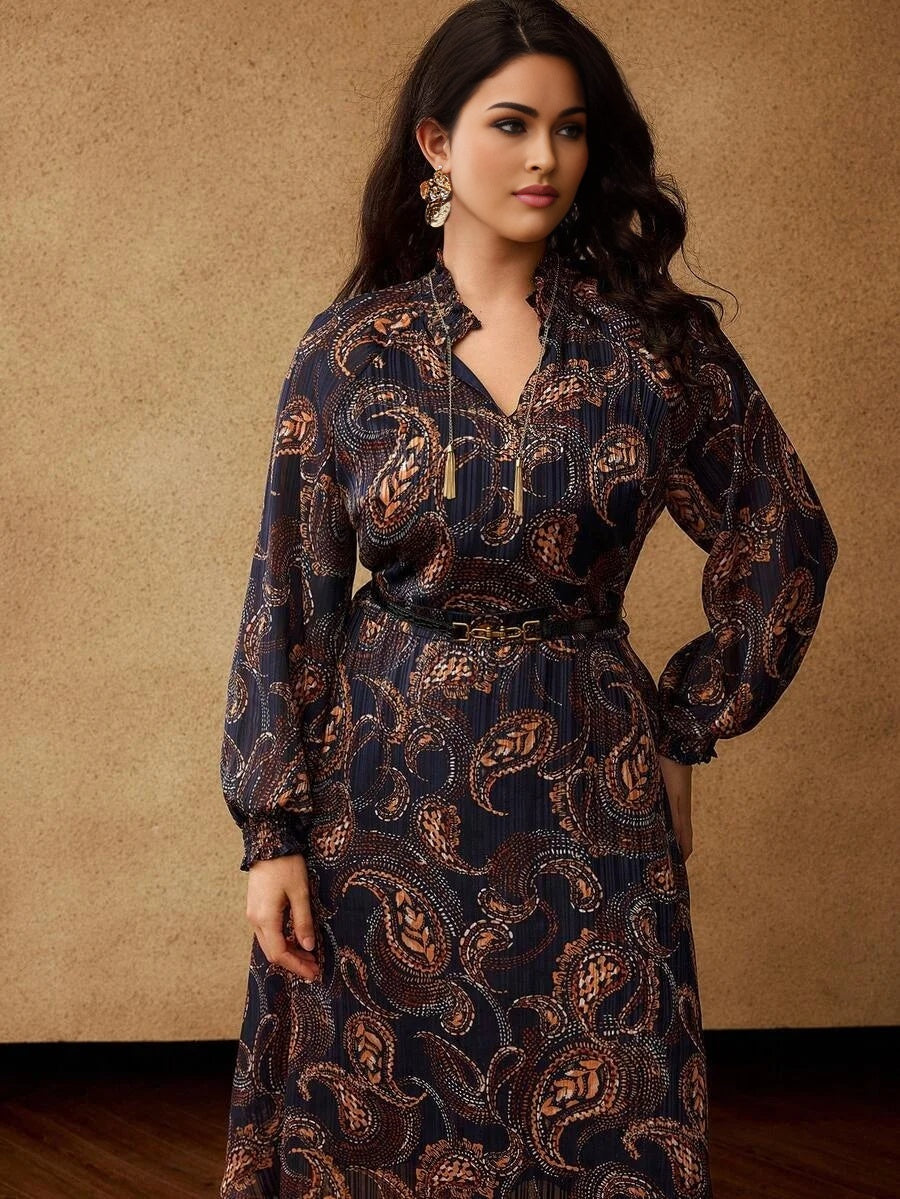 PREMIUM PLUS SIZE AUTUMNWINTER BOHEMIAN CHIC PAISLEY PRINT LONG SLEEVE DRESS