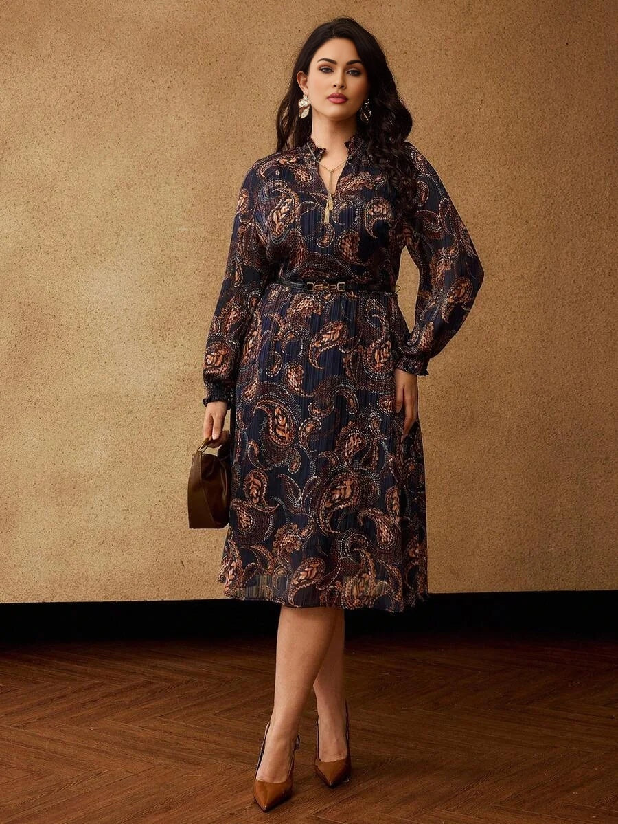 PREMIUM PLUS SIZE AUTUMNWINTER BOHEMIAN CHIC PAISLEY PRINT LONG SLEEVE DRESS