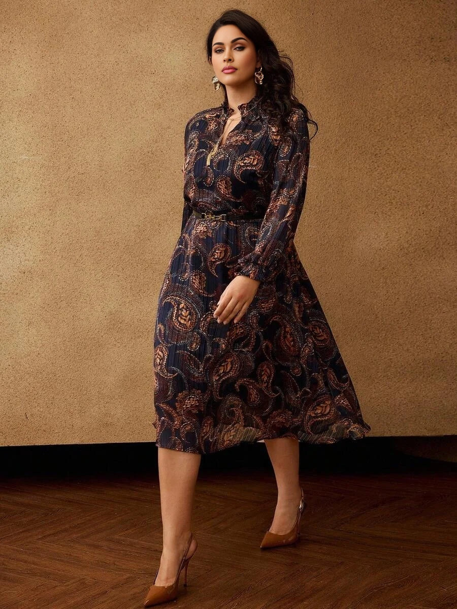 PREMIUM PLUS SIZE AUTUMNWINTER BOHEMIAN CHIC PAISLEY PRINT LONG SLEEVE DRESS