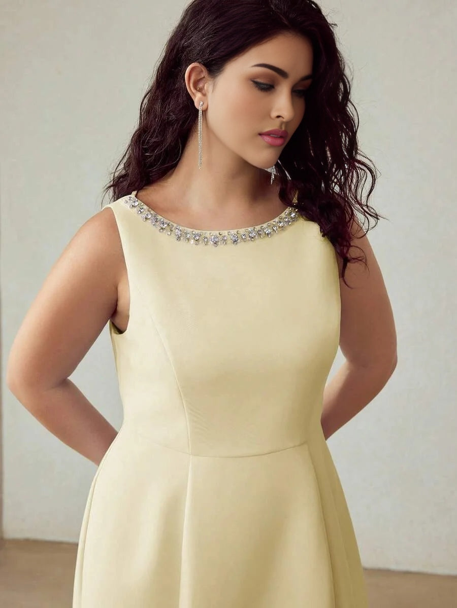 PREMIUM PLUS SIZE BEADED DECOR SLEEVELESS KNEELENGTH DRESS