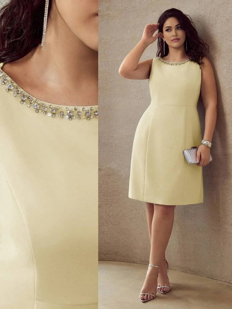 PREMIUM PLUS SIZE BEADED DECOR SLEEVELESS KNEELENGTH DRESS