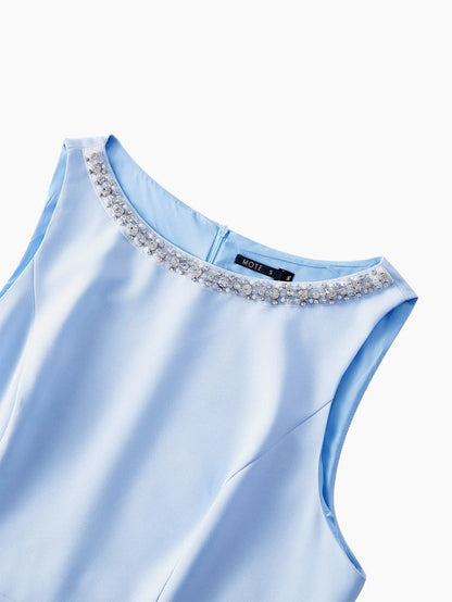 PREMIUM PLUS SIZE BEADED DECOR SLEEVELESS KNEELENGTH DRESS