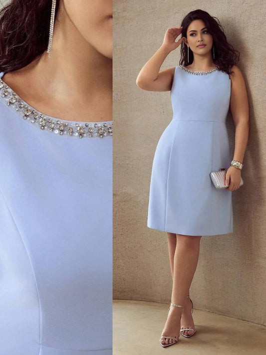 PREMIUM PLUS SIZE BEADED DECOR SLEEVELESS KNEELENGTH DRESS
