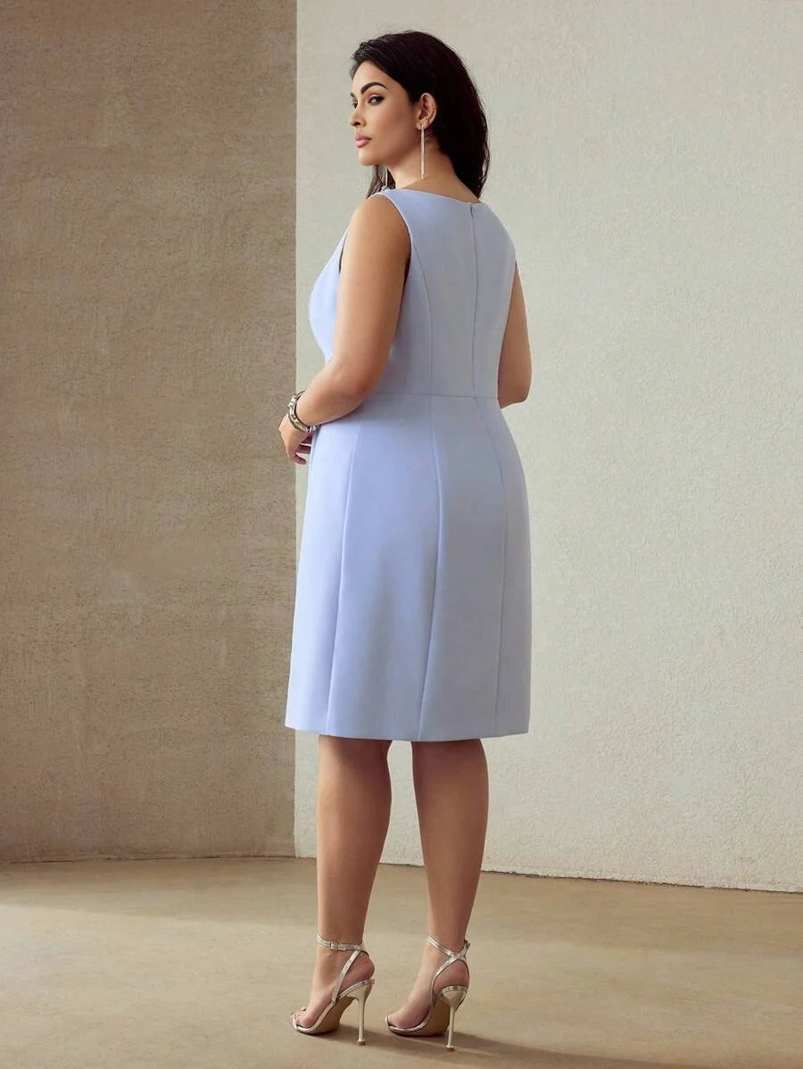 PREMIUM PLUS SIZE BEADED DECOR SLEEVELESS KNEELENGTH DRESS