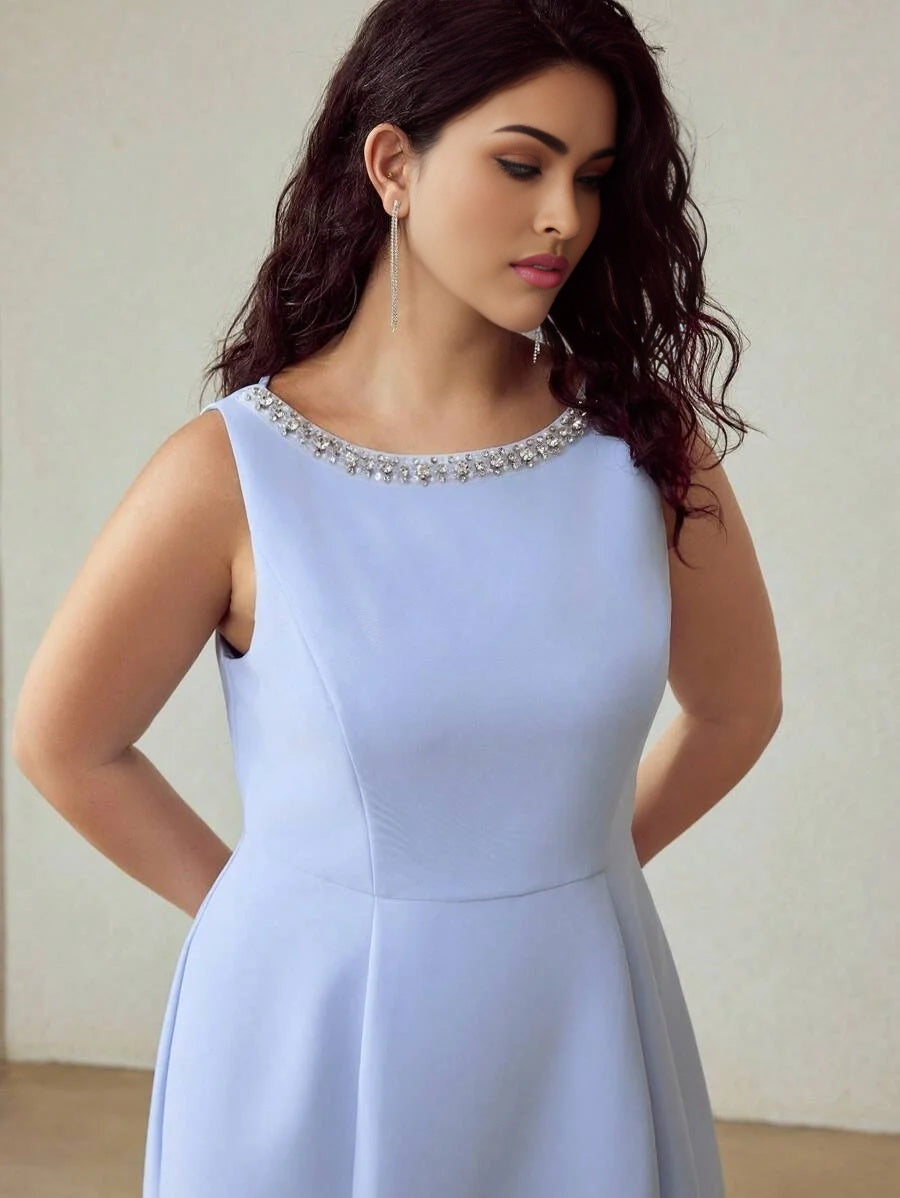 PREMIUM PLUS SIZE BEADED DECOR SLEEVELESS KNEELENGTH DRESS