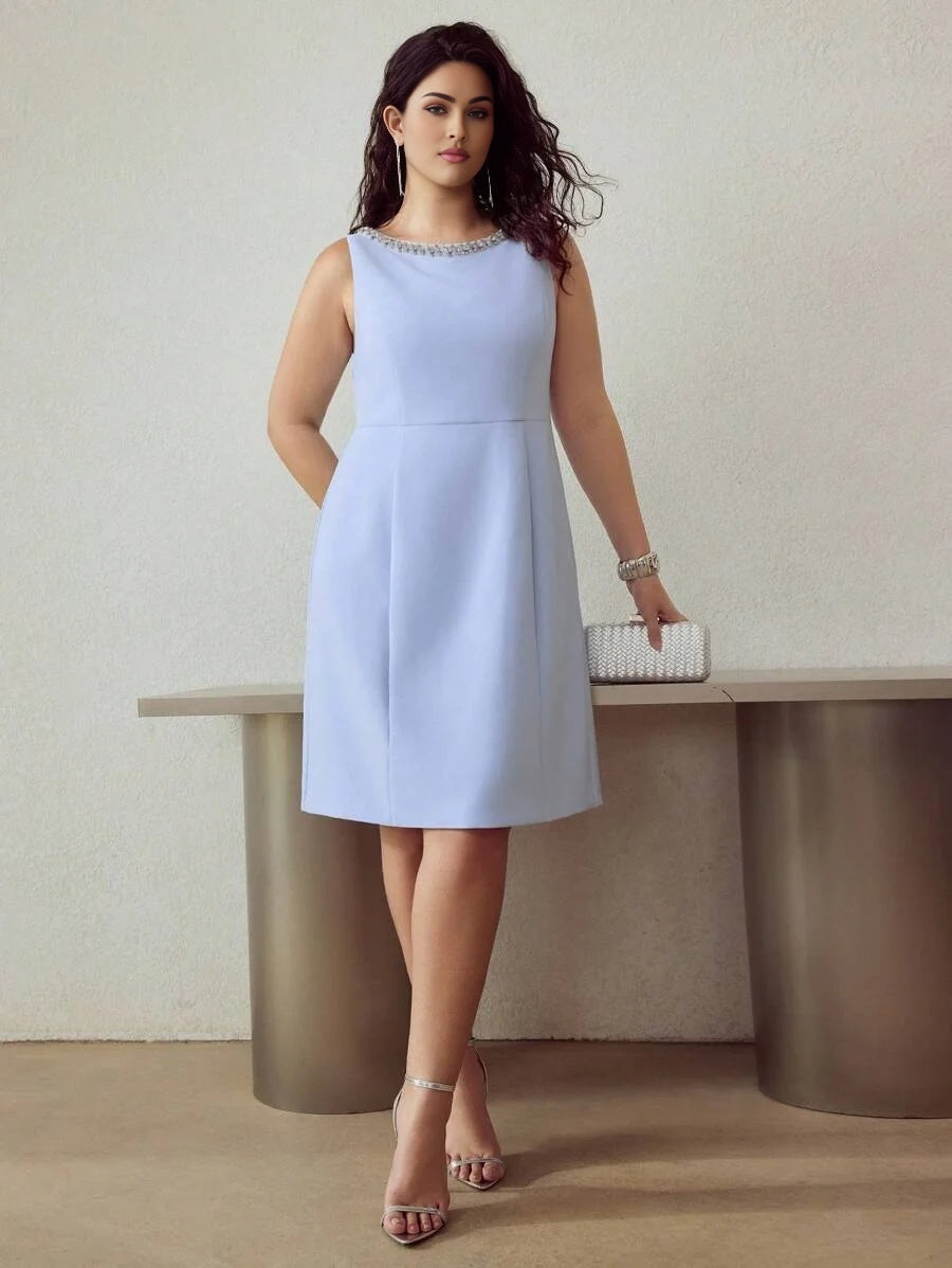 PREMIUM PLUS SIZE BEADED DECOR SLEEVELESS KNEELENGTH DRESS