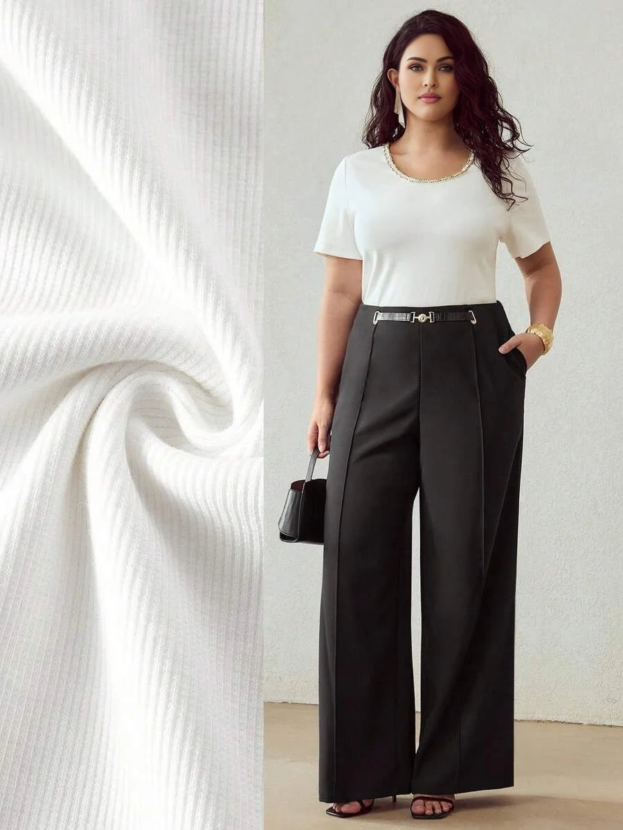 PREMIUM PLUS SIZE CONTRAST BEADED TRIM SHORT SLEEVE TEE