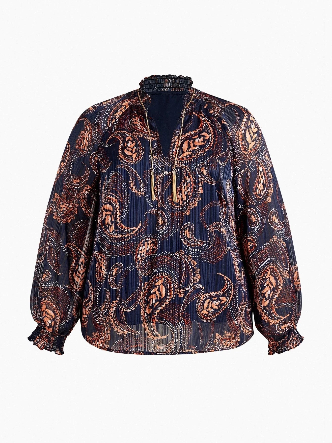 PREMIUM PLUS SIZE PAISLEY PRINT TASSEL TIE NECK LANTERN LONG SLEEVE BLOUSE BOHEMIAN CHIC