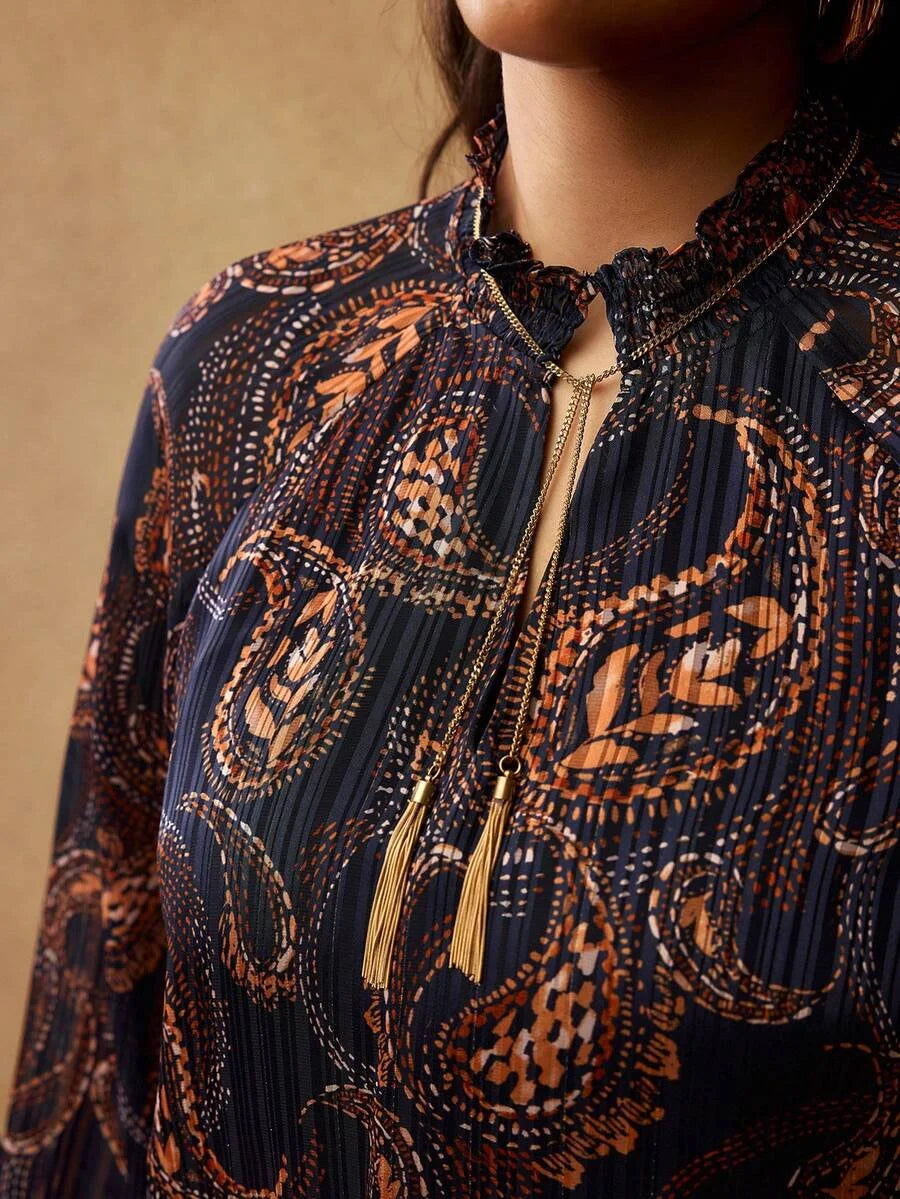 PREMIUM PLUS SIZE PAISLEY PRINT TASSEL TIE NECK LANTERN LONG SLEEVE BLOUSE BOHEMIAN CHIC