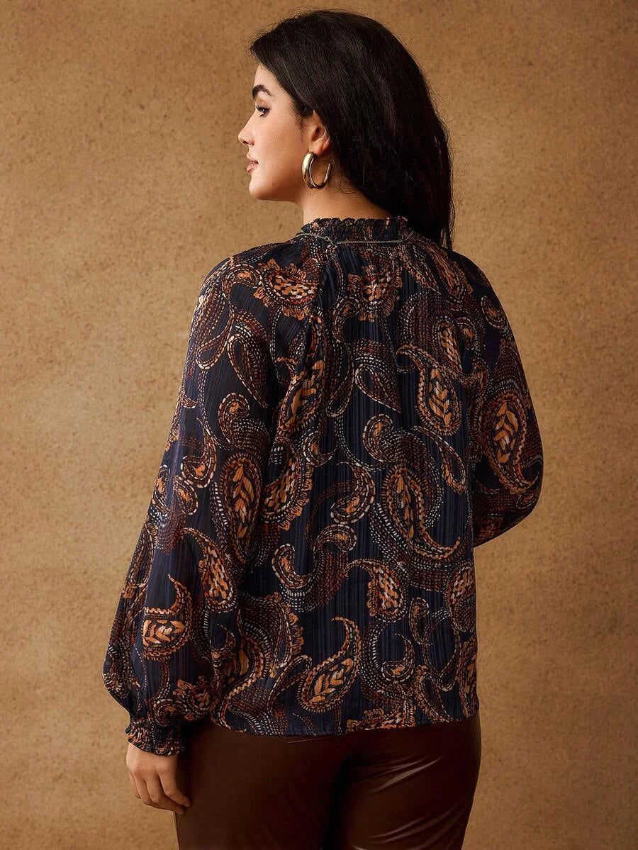 PREMIUM PLUS SIZE PAISLEY PRINT TASSEL TIE NECK LANTERN LONG SLEEVE BLOUSE BOHEMIAN CHIC