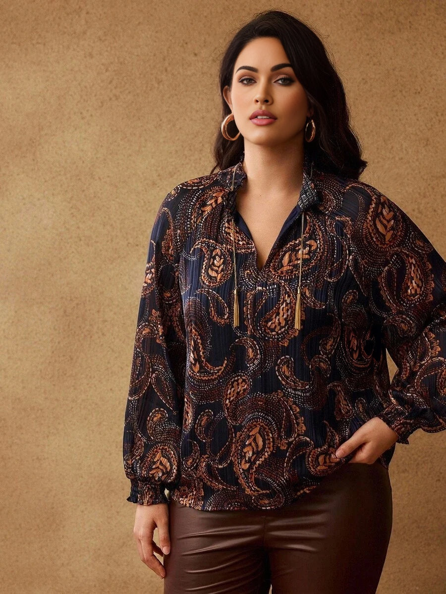 PREMIUM PLUS SIZE PAISLEY PRINT TASSEL TIE NECK LANTERN LONG SLEEVE BLOUSE BOHEMIAN CHIC