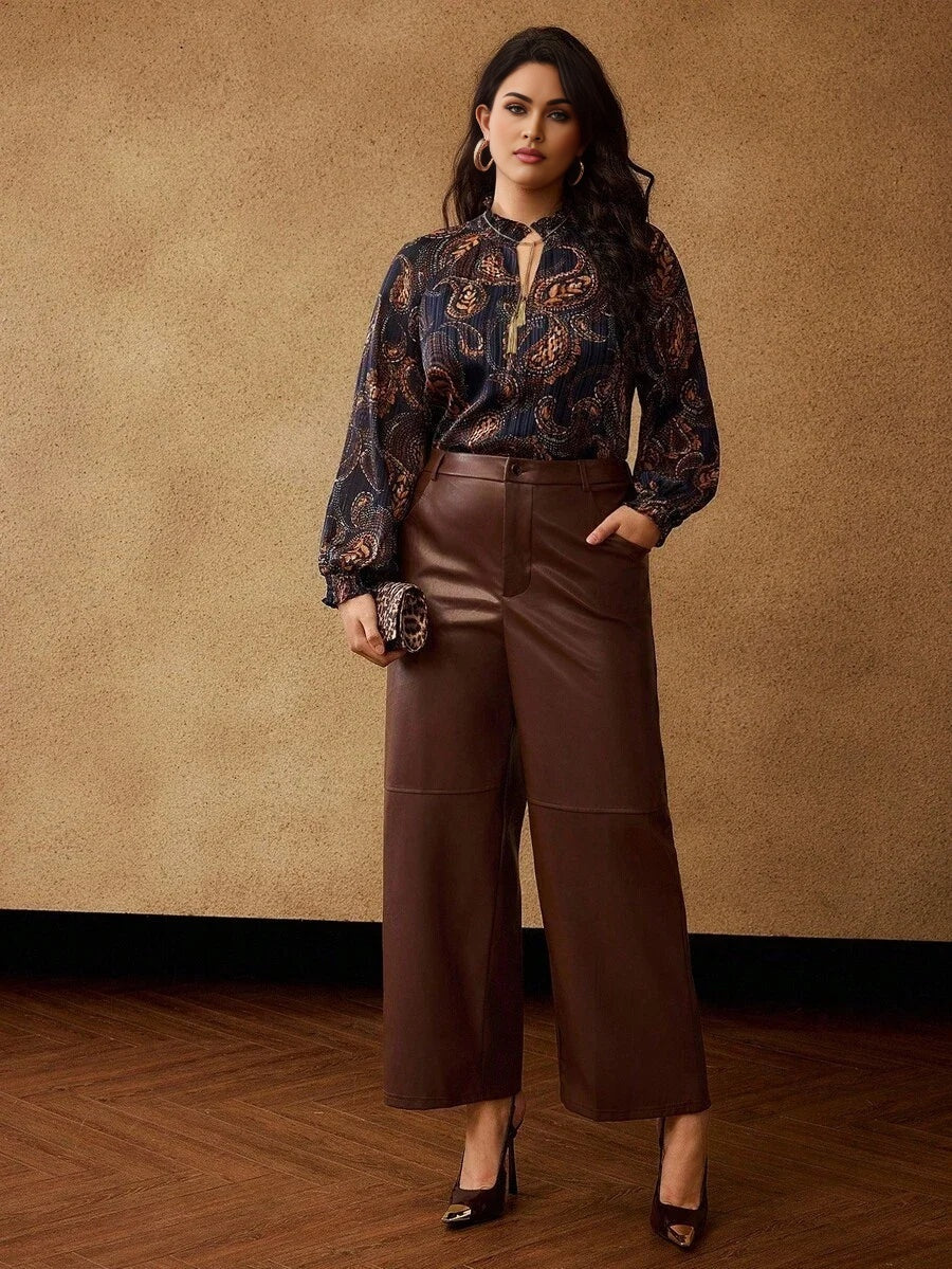 PREMIUM PLUS SIZE PAISLEY PRINT TASSEL TIE NECK LANTERN LONG SLEEVE BLOUSE BOHEMIAN CHIC