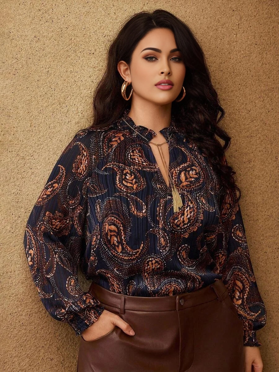 PREMIUM PLUS SIZE PAISLEY PRINT TASSEL TIE NECK LANTERN LONG SLEEVE BLOUSE BOHEMIAN CHIC