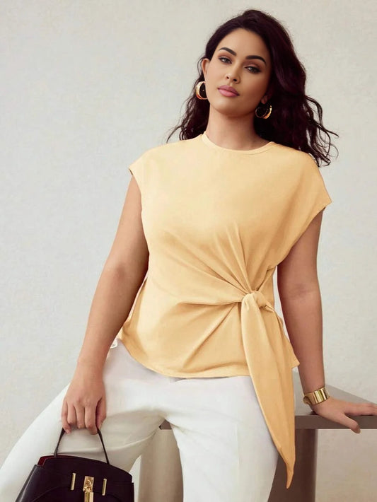 PREMIUM PLUS SIZE SIMPLE BASIC TIE STRAP BATWING SLEEVE KNIT TSHIRT