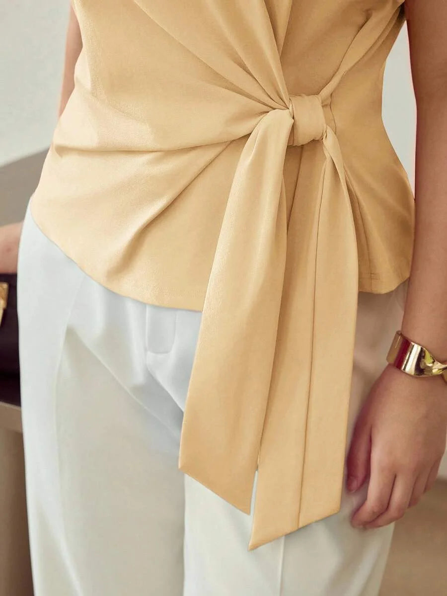 PREMIUM PLUS SIZE SIMPLE BASIC TIE STRAP BATWING SLEEVE KNIT TSHIRT