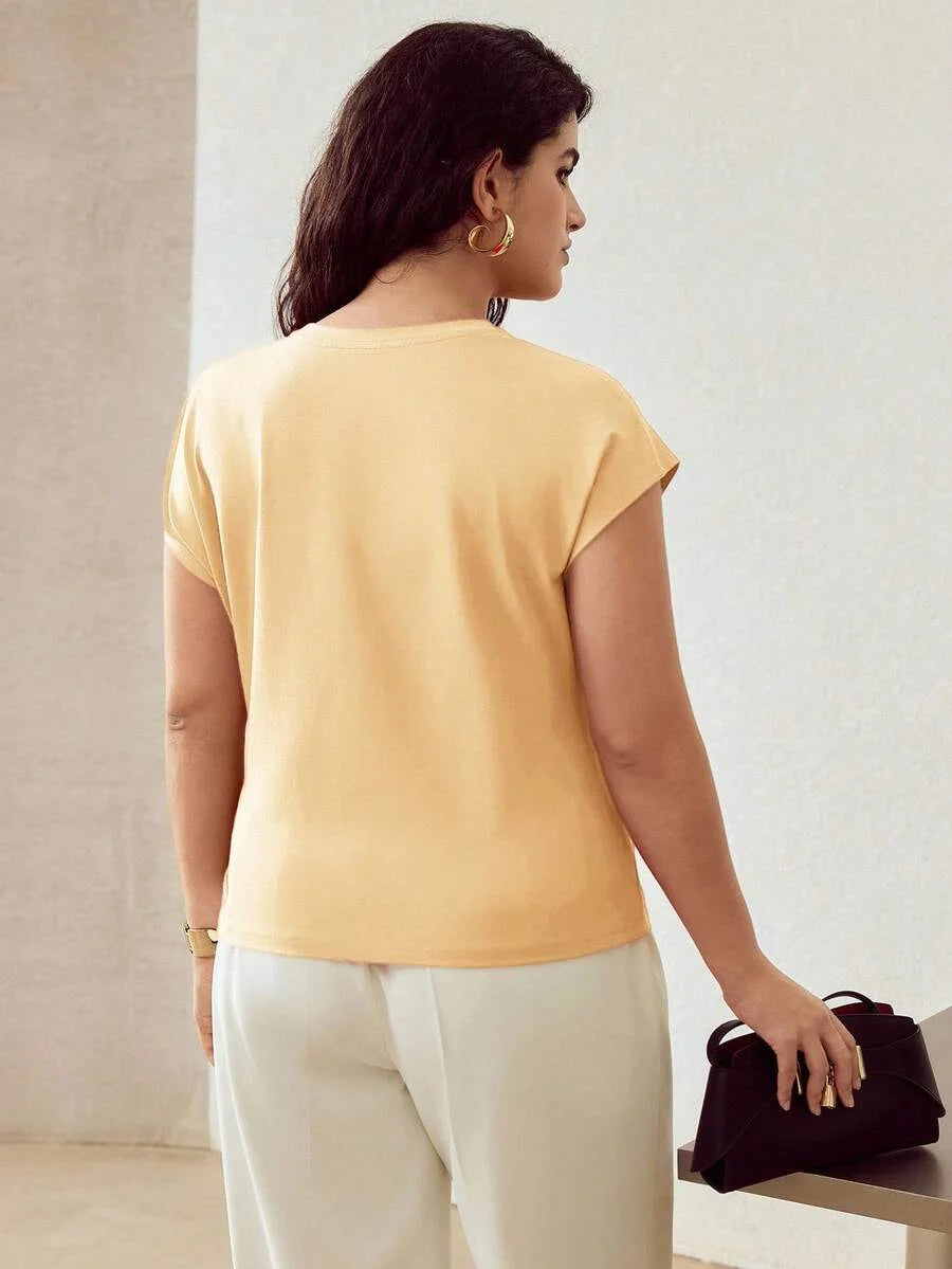 PREMIUM PLUS SIZE SIMPLE BASIC TIE STRAP BATWING SLEEVE KNIT TSHIRT