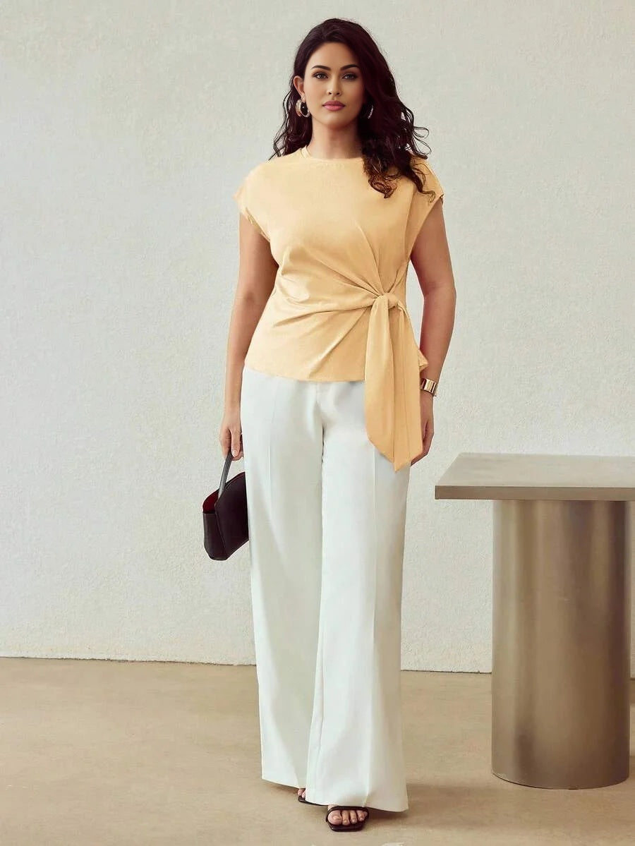 PREMIUM PLUS SIZE SIMPLE BASIC TIE STRAP BATWING SLEEVE KNIT TSHIRT