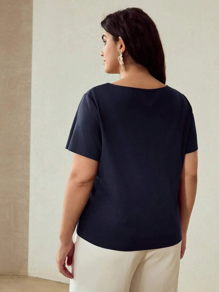 PREMIUM PLUS SIZE SOLID ASYMMETRICAL NECK SHORT SLEEVE TEE