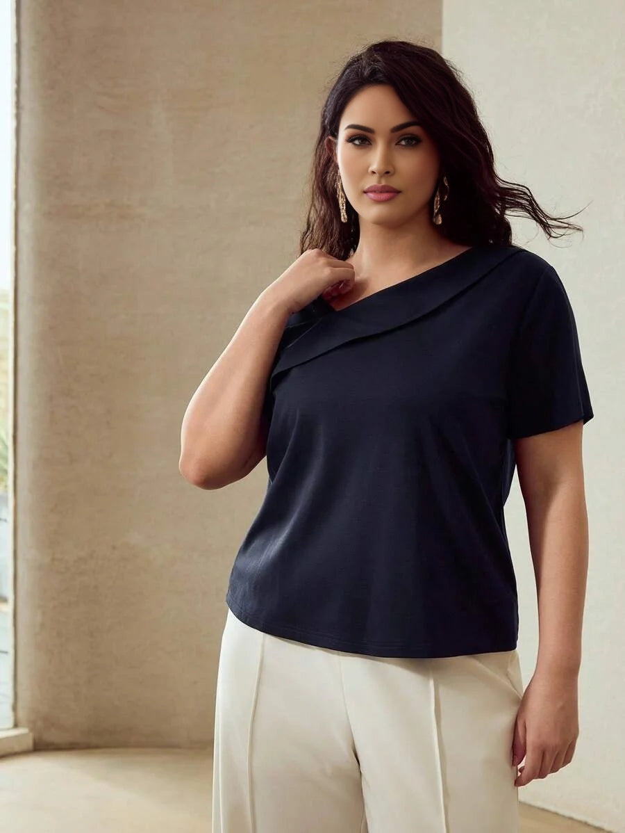 PREMIUM PLUS SIZE SOLID ASYMMETRICAL NECK SHORT SLEEVE TEE