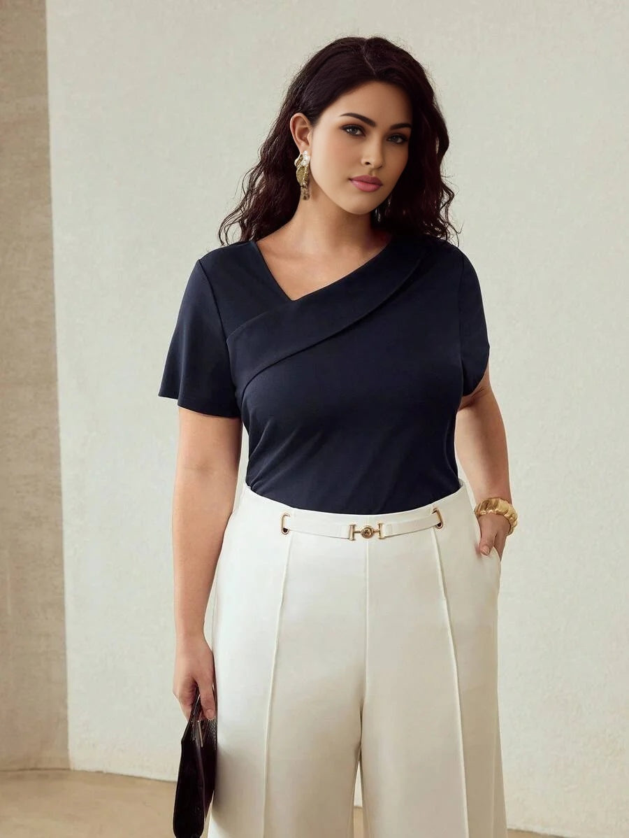 PREMIUM PLUS SIZE SOLID ASYMMETRICAL NECK SHORT SLEEVE TEE
