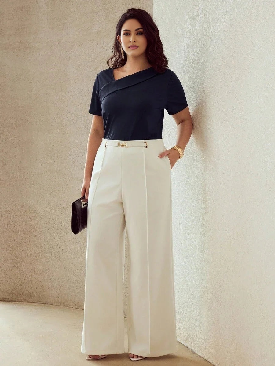 PREMIUM PLUS SIZE SOLID ASYMMETRICAL NECK SHORT SLEEVE TEE