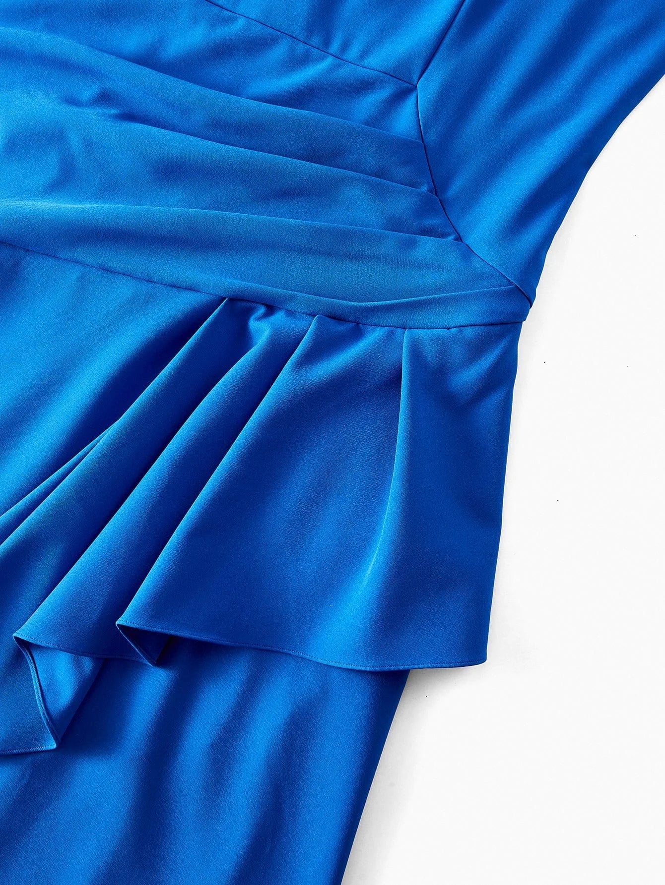 PREMIUM PLUS SIZE SOLID RUCHED WAIST ASYMMETRICAL RUFFLE HEM DRESS