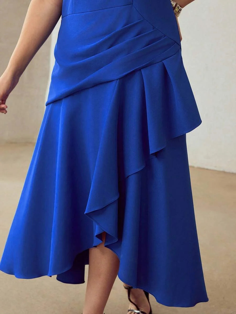 PREMIUM PLUS SIZE SOLID RUCHED WAIST ASYMMETRICAL RUFFLE HEM DRESS