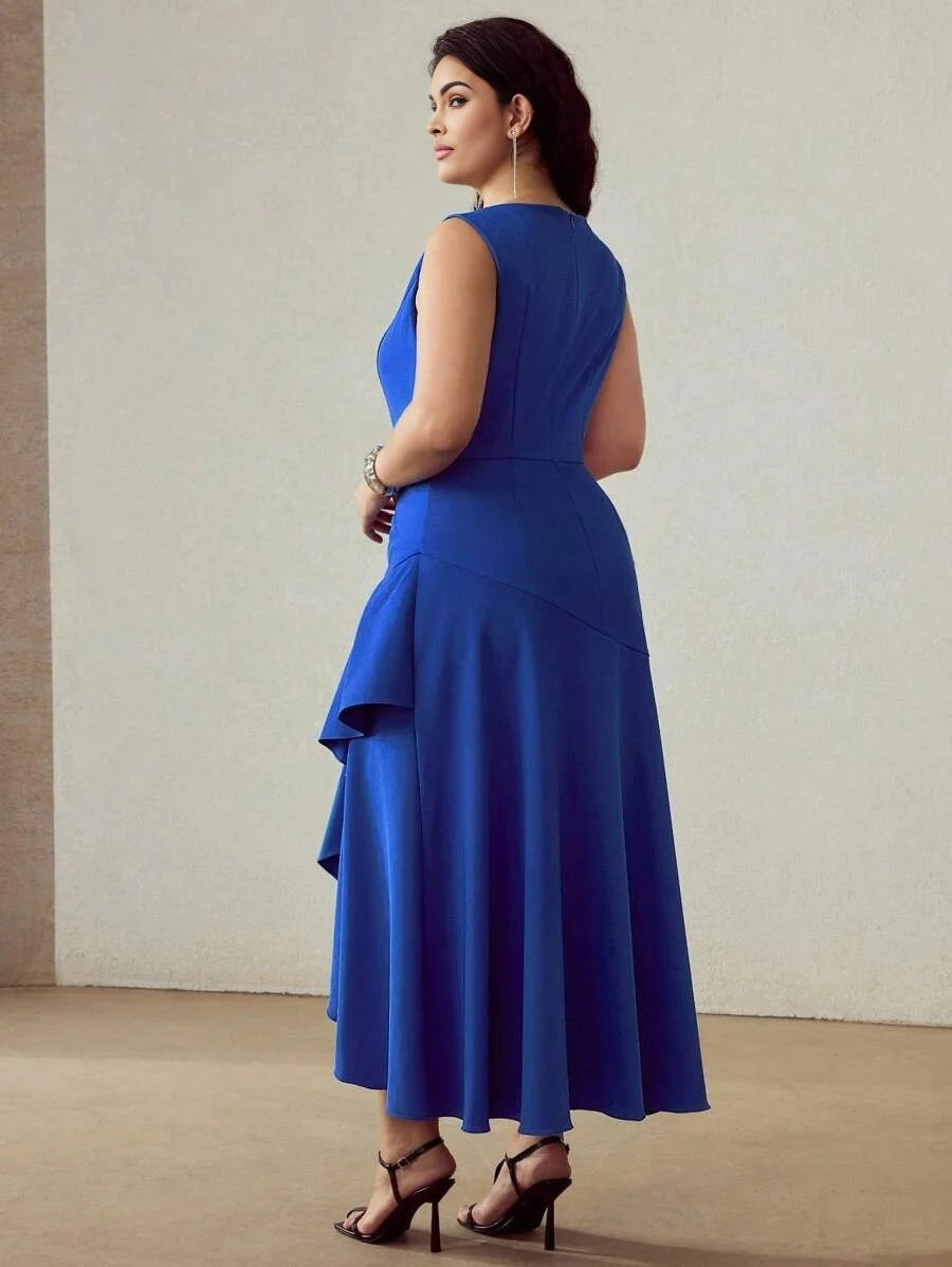 PREMIUM PLUS SIZE SOLID RUCHED WAIST ASYMMETRICAL RUFFLE HEM DRESS