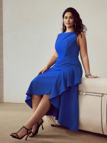 PREMIUM PLUS SIZE SOLID RUCHED WAIST ASYMMETRICAL RUFFLE HEM DRESS