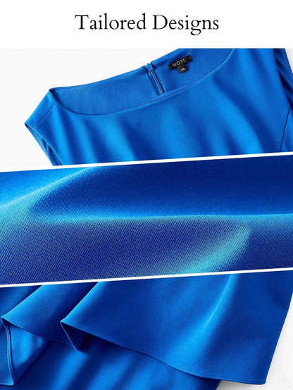 PREMIUM PLUS SIZE SOLID RUCHED WAIST ASYMMETRICAL RUFFLE HEM DRESS