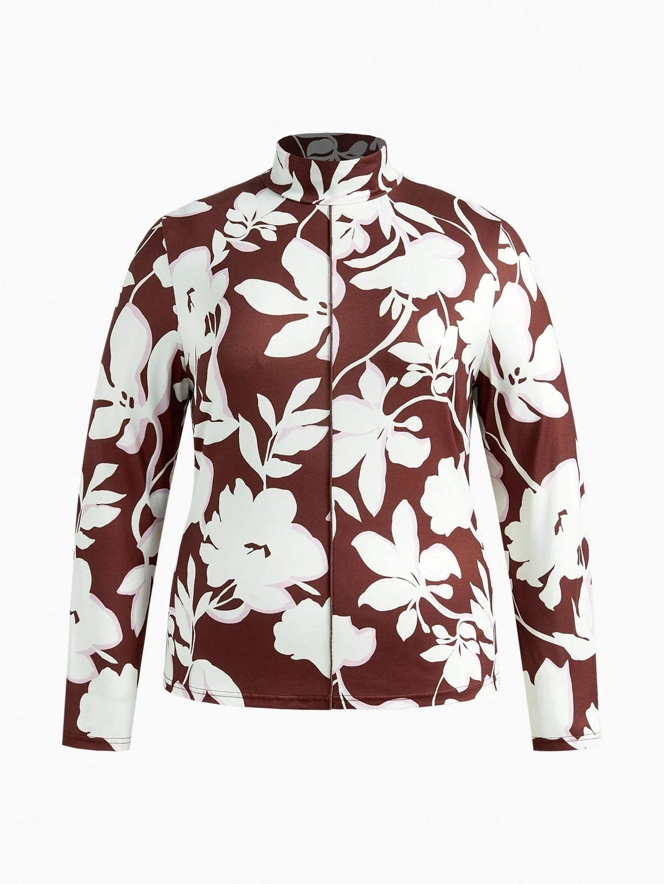 PREMIUM PLUS SIZE STAND COLLAR FLORAL PRINT LONG SLEEVE TSHIRT