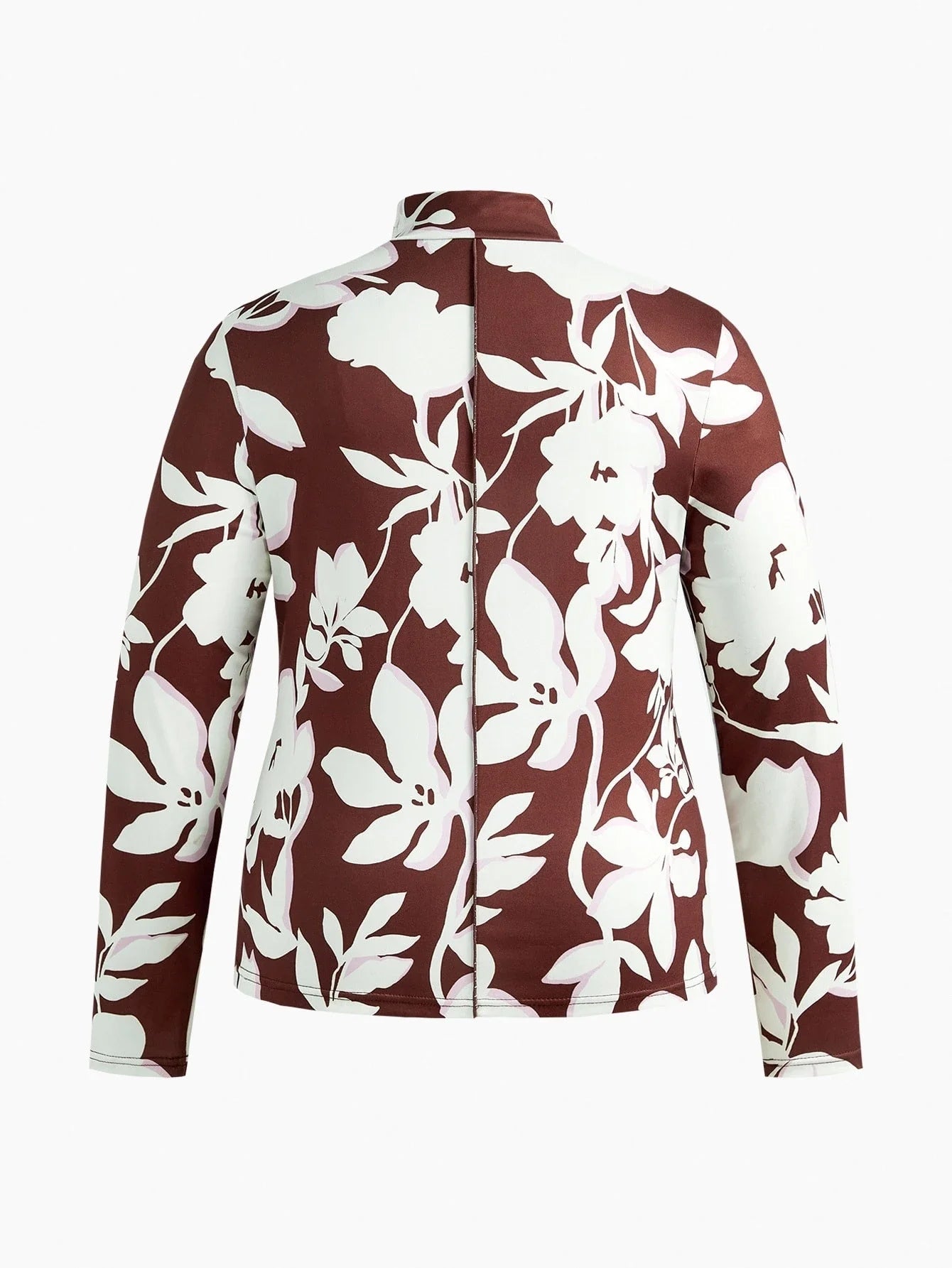 PREMIUM PLUS SIZE STAND COLLAR FLORAL PRINT LONG SLEEVE TSHIRT