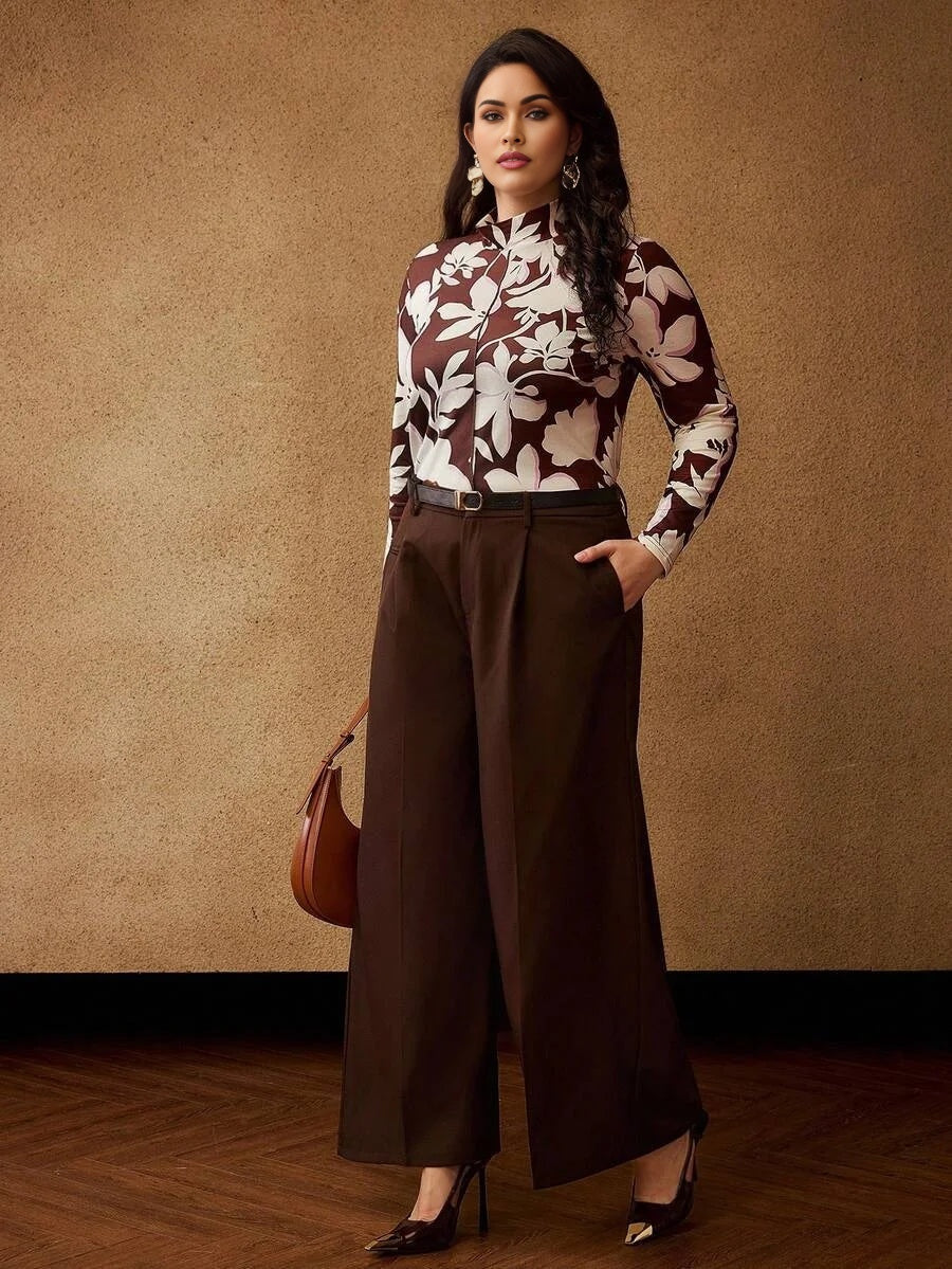 PREMIUM PLUS SIZE STAND COLLAR FLORAL PRINT LONG SLEEVE TSHIRT