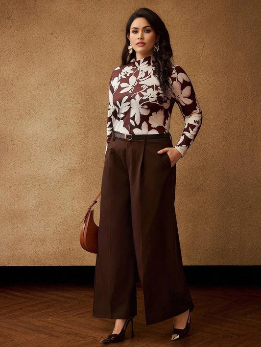 PREMIUM PLUS SIZE STAND COLLAR FLORAL PRINT LONG SLEEVE TSHIRT